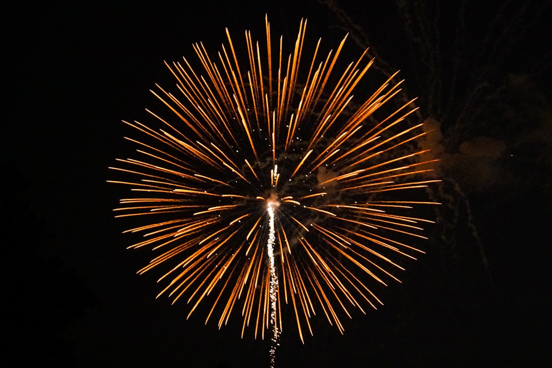 fireworks on focus photography, Sparkling bright orange popping solo firework on a black night sky during a 4th of July 
