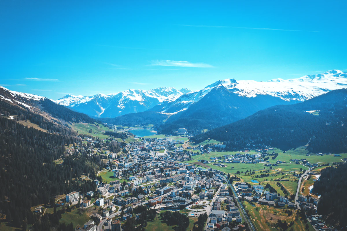 Davos from the air, with its lake and snow-capped peaks behind