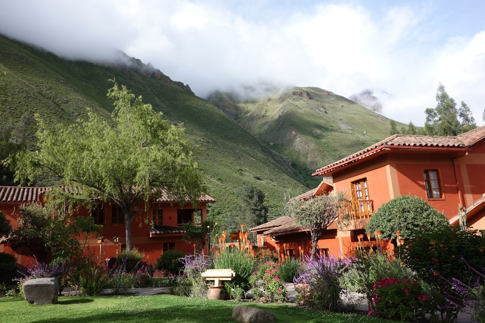 beige houses in foot of green grassy hill