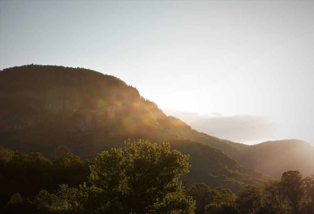 the sun is shining on the mountains and trees