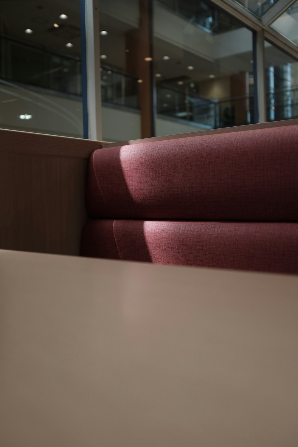 red leather bench inside cafe