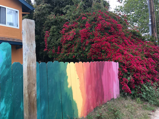 A vibrant fence restored to its original color through expert pressure washing.