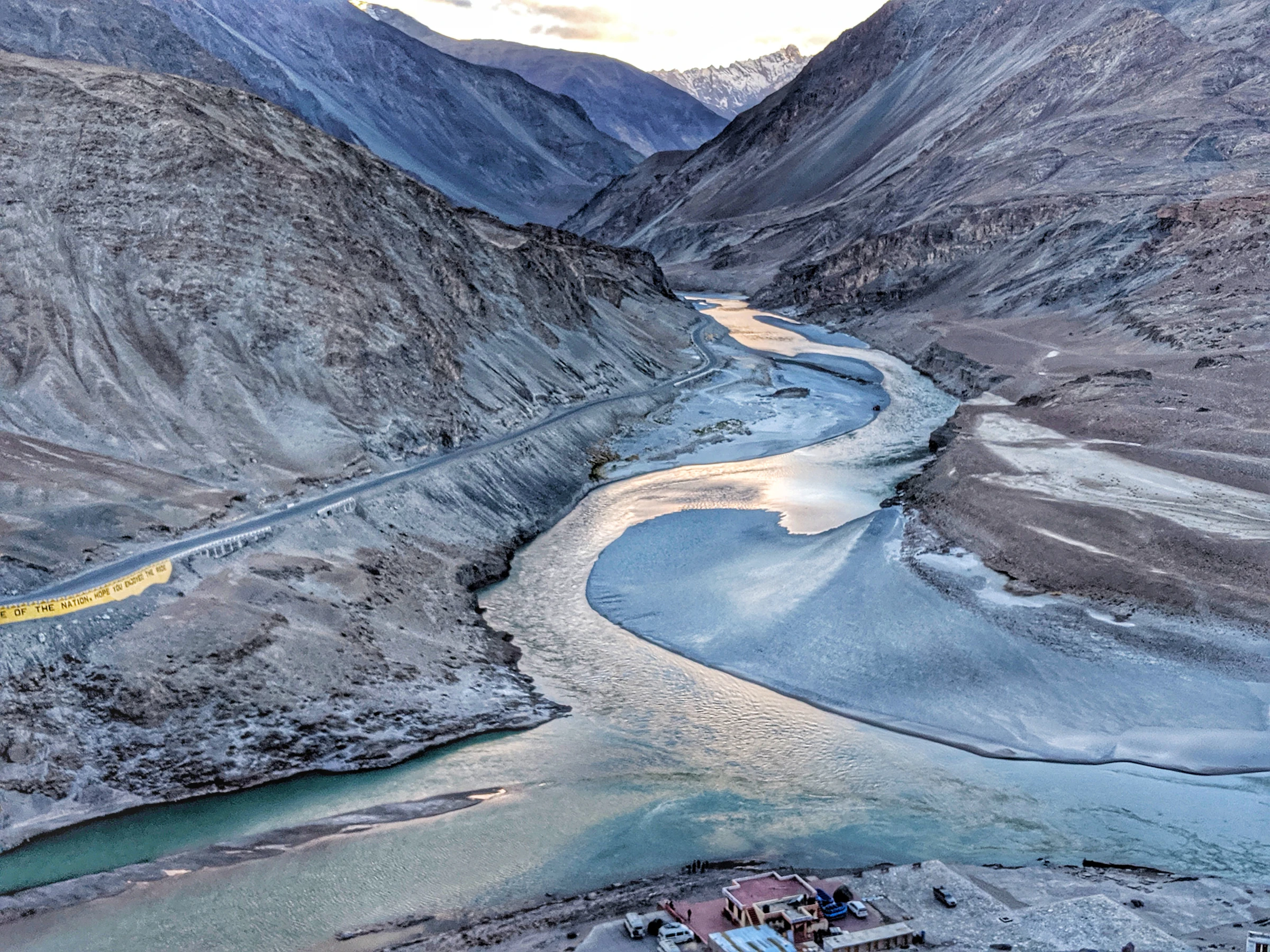 A river surrounded by steep mountains in Ladakh