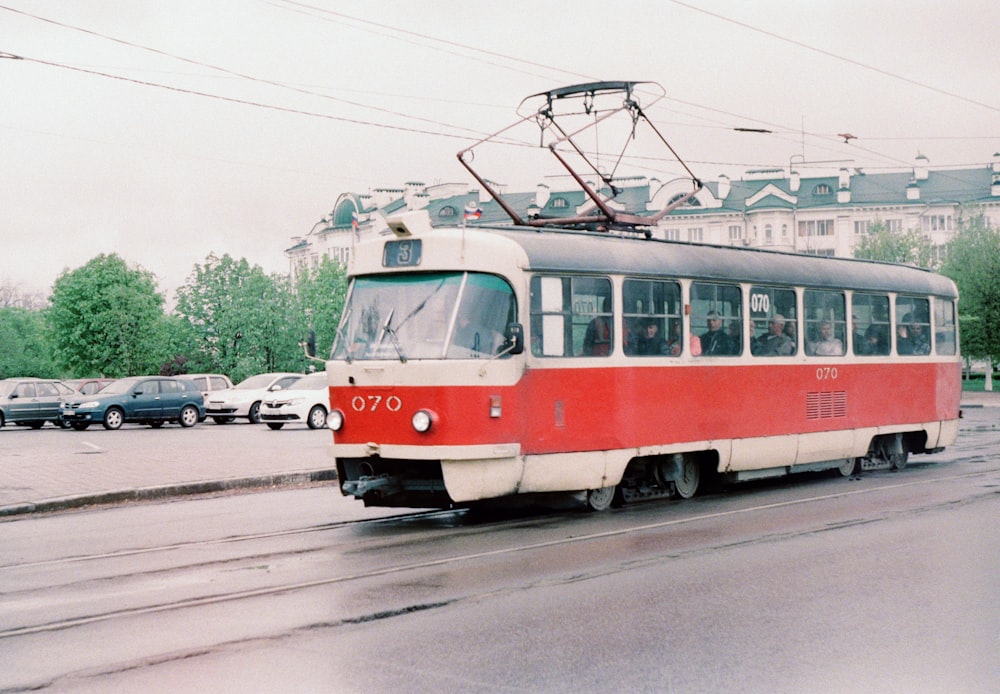 red and white bus