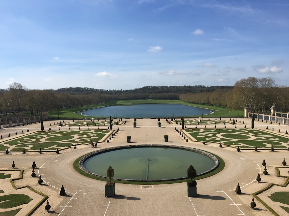 landscape photography of garden pond