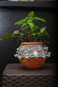 Medium-sized geopolimeric pot with anthracite gray surface and subtle golden copper details, surrounded by vibrant indoor plants.