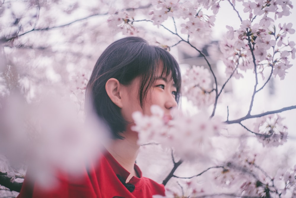 woman wearing red top