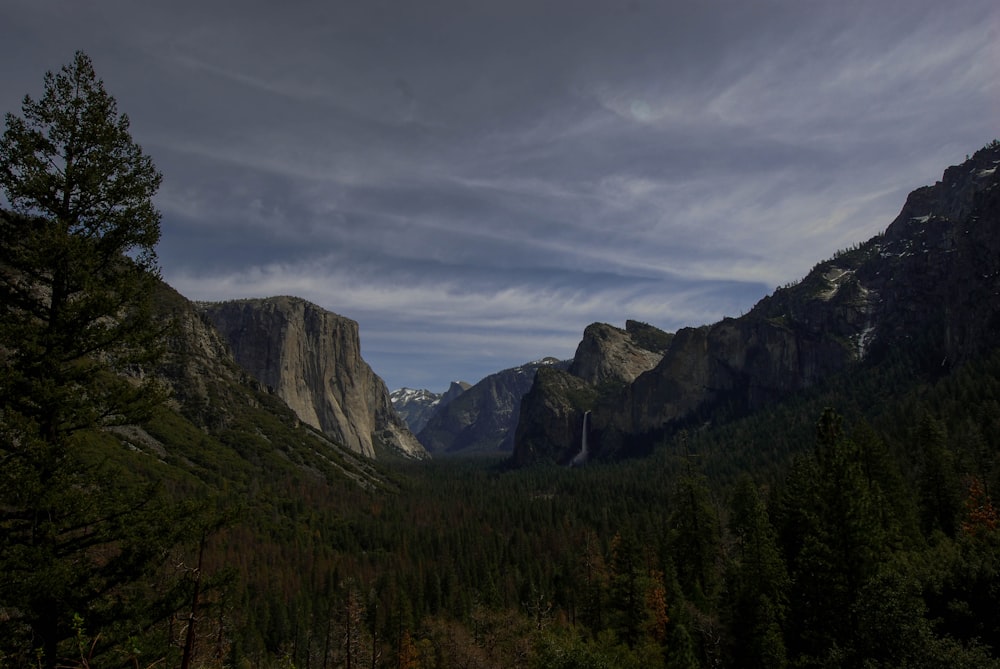 mountain range under nimbus clouds