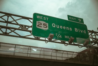 A green highway sign indicating directions towards 'Queens Blvd' with a West 25 route number and Exit 9, seen against a backdrop of a cloudy sky and urban infrastructure.