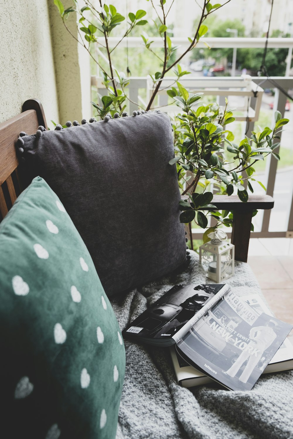 two green and gray throw pillows