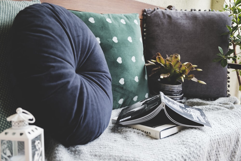 two books beside three assorted-color pillows