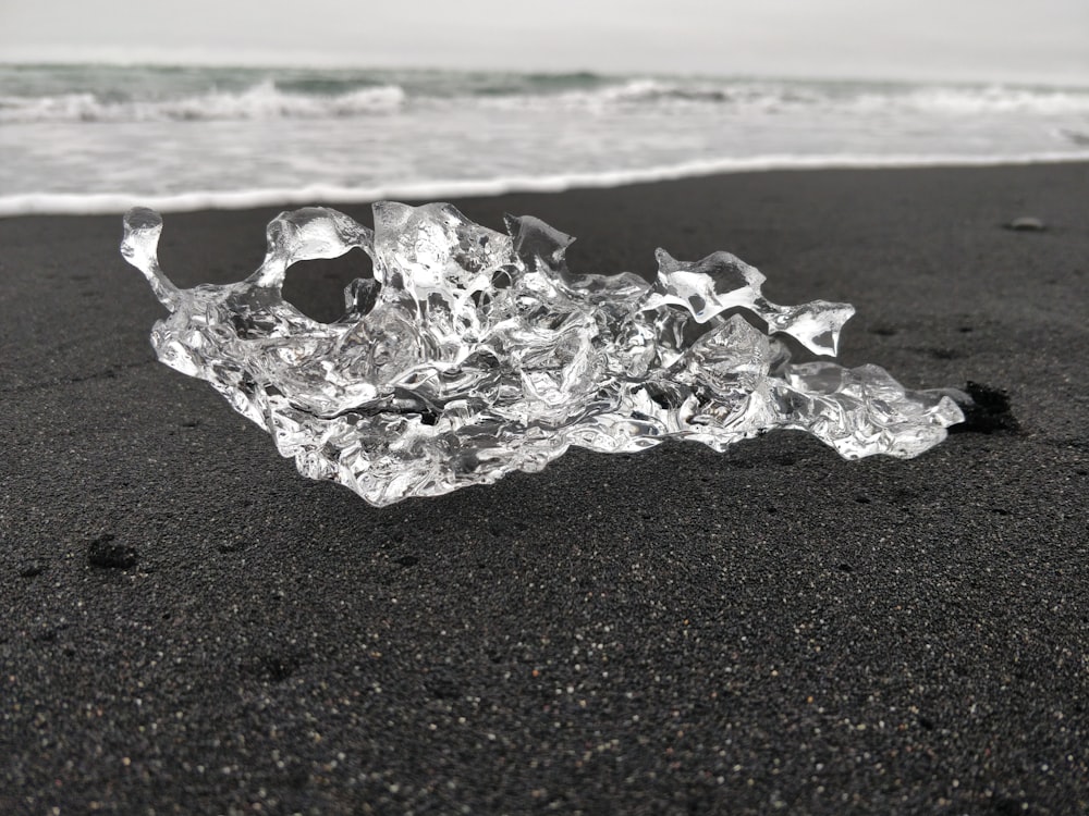 selective focus of ice formation on sand beside shore during daytime