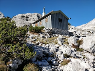 A sturdy steel-framed cottage nestled on a mountain slope, surrounded by pine trees.