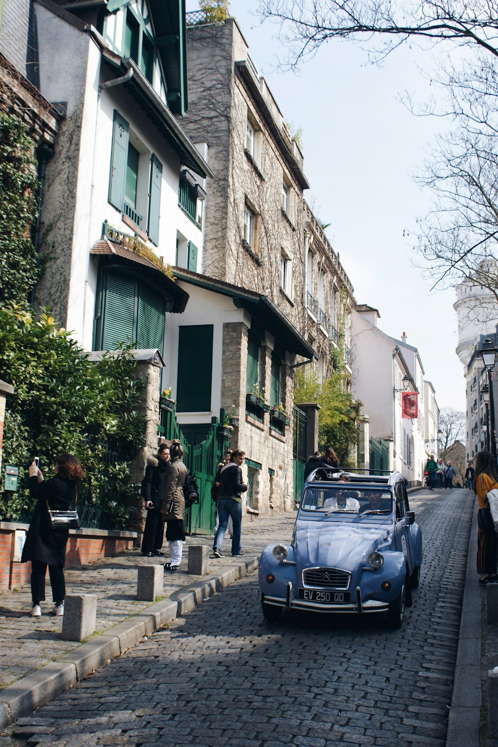 teal classic vehicle on road