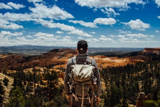 A person wearing a backpack stands overlooking a vast and scenic landscape filled with rugged hills, dense forests, and a clear blue sky with scattered fluffy clouds. The earthy tones of the terrain contrast with the bright sky, creating a sense of adventure and exploration.