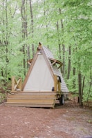 A small, triangular wooden structure with a canvas front is situated on a wooden deck in a forest setting. The structure has a peaked roof and is surrounded by dense green foliage and tall trees. The area around the structure is covered with dry pine needles.