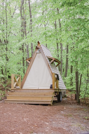 A small, triangular wooden structure with a canvas front is situated on a wooden deck in a forest setting. The structure has a peaked roof and is surrounded by dense green foliage and tall trees. The area around the structure is covered with dry pine needles.