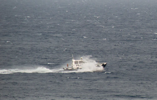 A marine pilot boarding a vessel via a small pilot transfer boat.
