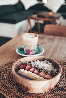 food photography of sliced bananas and strawberries beside rice