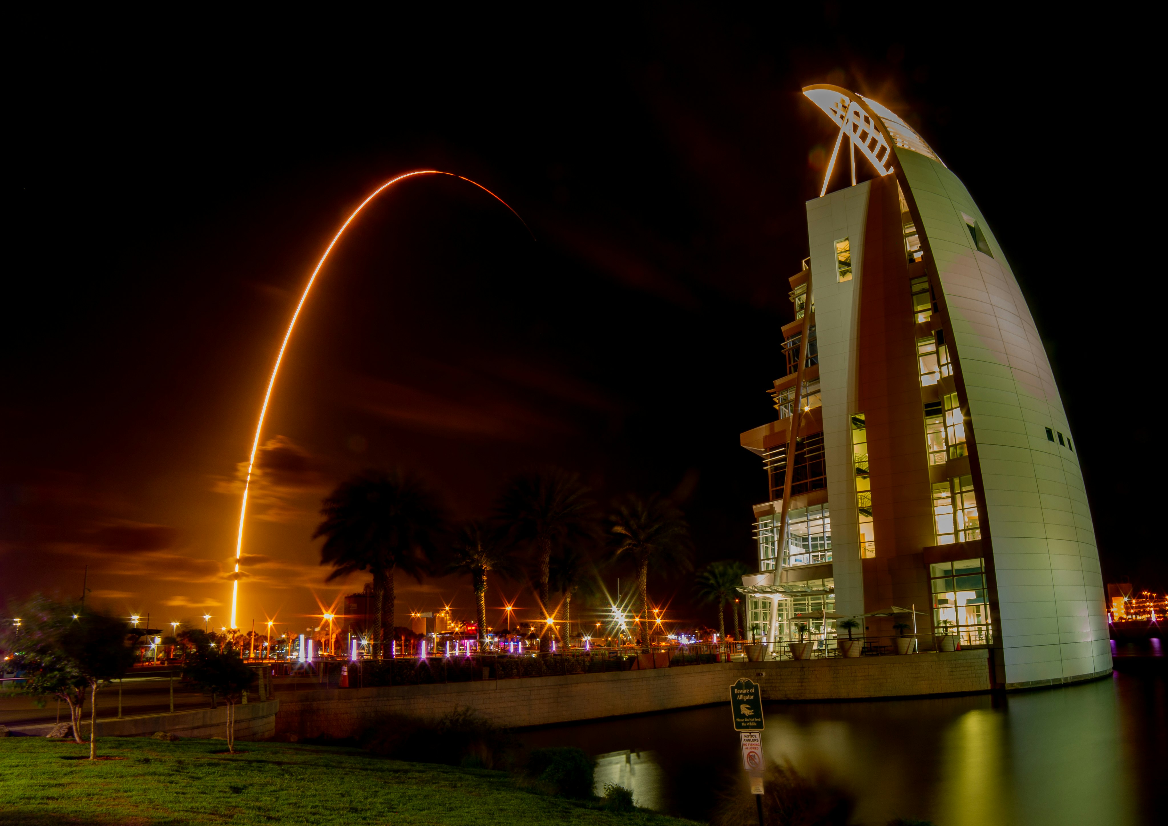 This is a 151-second exposure of a SpaceX Falcon 9 delivering 60 Starlink satellites to orbit on the evening of May 23, 2019. Shot near the 7-story Exploration Tower, the streak and the tower have a nice mirror symmetry. I would love to say that I planned this. I was heading to another spot about 3 miles west to photograph the launch and the new owners had a chain across the road and ominous "No Trespassing" signs, so I had to choose another spot to set up with about 15 minutes to go.