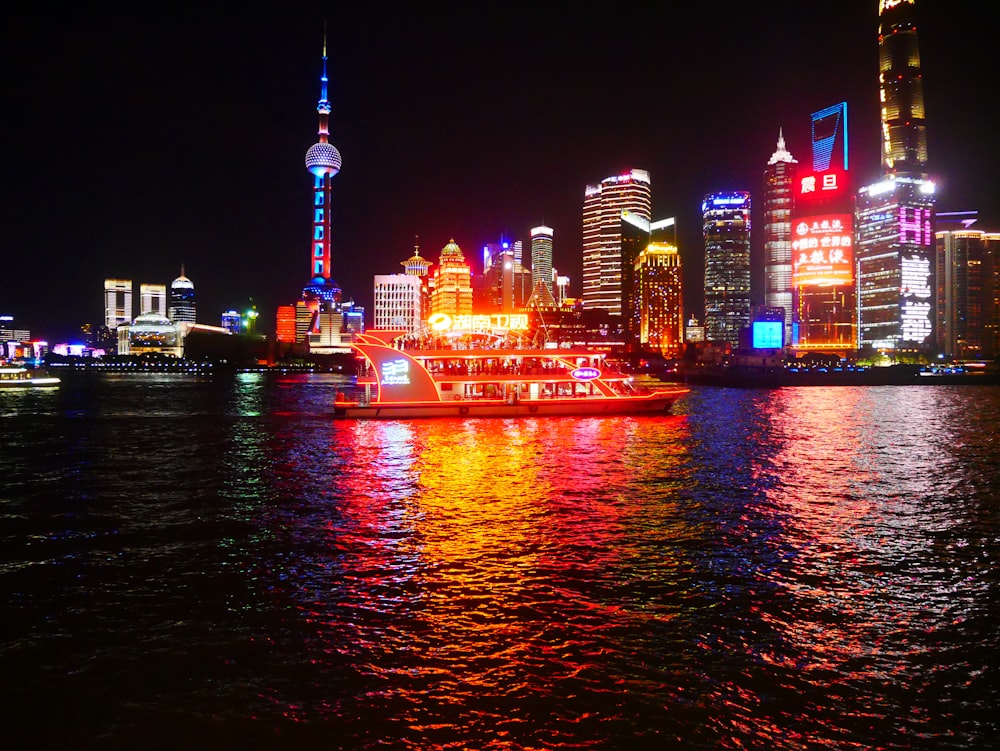 lighted city skyline by the bay