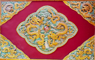 An intricate dragon design blending gold and black tones, radiating spiritual energy and elegance.