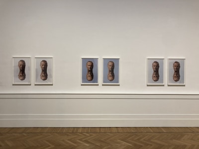 Several framed photographs are hanging on a plain white wall in a gallery setting. The images depict a bust sculpture of a man's face from different angles. The floor is made of a light-colored wood in a herringbone pattern.