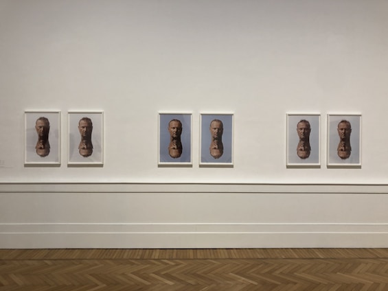 Several framed photographs are hanging on a plain white wall in a gallery setting. The images depict a bust sculpture of a man's face from different angles. The floor is made of a light-colored wood in a herringbone pattern.