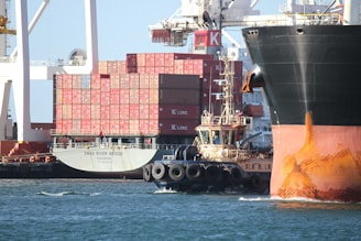 A busy shipping port scene featuring multiple large cargo ships and stacked red shipping containers. A tugboat is seen maneuvering beside a large ship with rust patches visible on its hull. Cranes and industrial equipment are visible in the background.