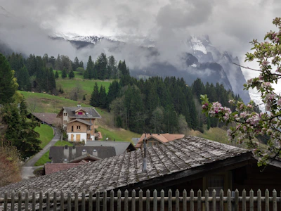 A cozy mountain village with charming houses and winding paths.