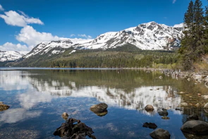 Snow-capped Swiss Alps reflected in a crystal-clear mountain lake.