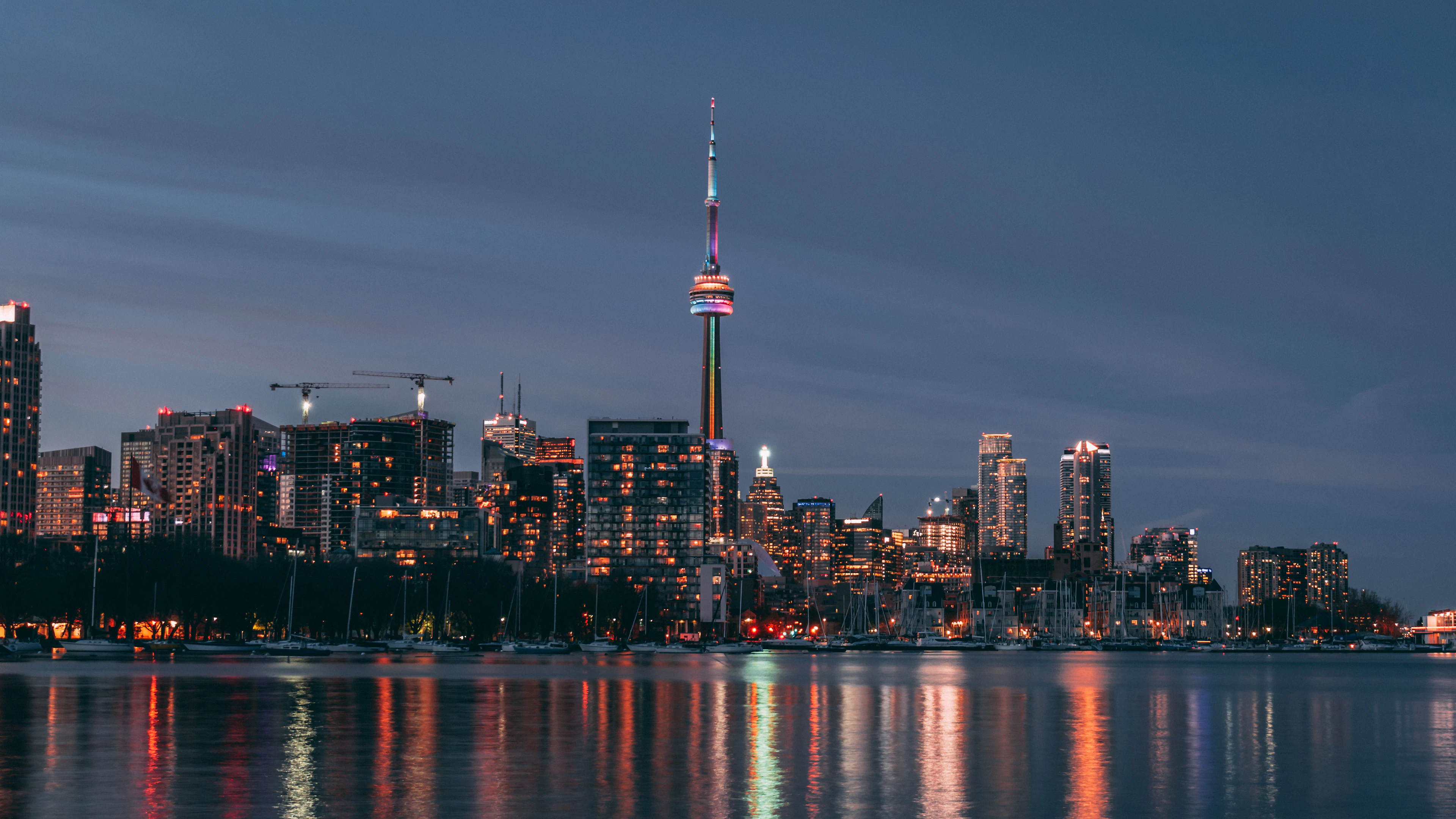 The CN Tower and the skyline reflected at dusk, Toronto