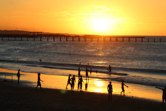 A group of friends playing frisbee on the beach at sunset, laughter and joy in the air.