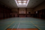 An empty indoor gymnasium with a green sports court featuring basketball hoops and multicolored lines for sporting activities. Overhead light fixtures illuminate the space through a patterned ceiling. The room is spacious, with muted tones and a somewhat subdued atmosphere.