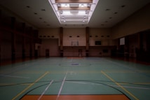 An empty indoor gymnasium with a green sports court featuring basketball hoops and multicolored lines for sporting activities. Overhead light fixtures illuminate the space through a patterned ceiling. The room is spacious, with muted tones and a somewhat subdued atmosphere.