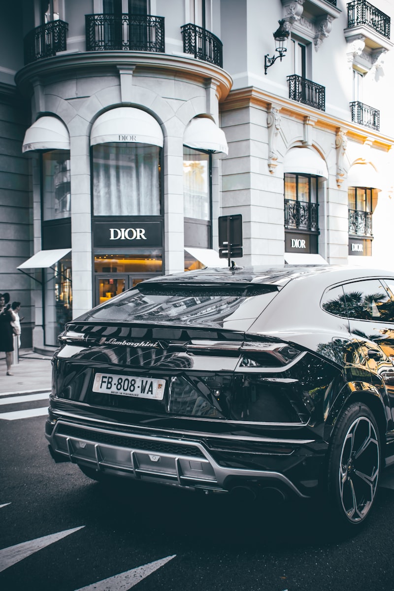 Luxury car parked near designer storefronts
