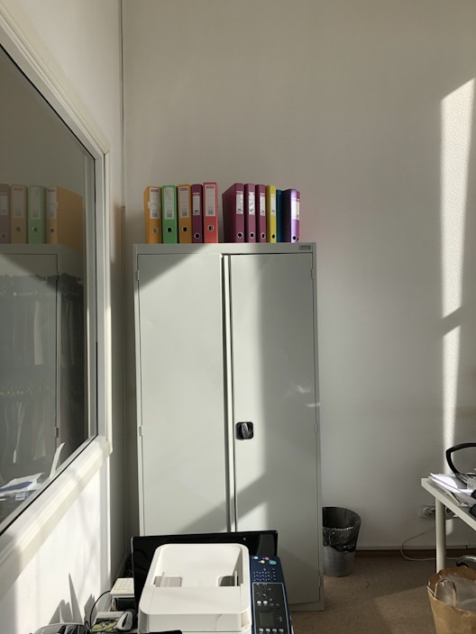 A well-lit office corner features a tall gray cabinet topped with colorful binders. Sunlight streams in from the side, casting shadows on the wall. In the foreground, a printer sits next to a desk filled with office supplies. A trash bin is seen near the wall.