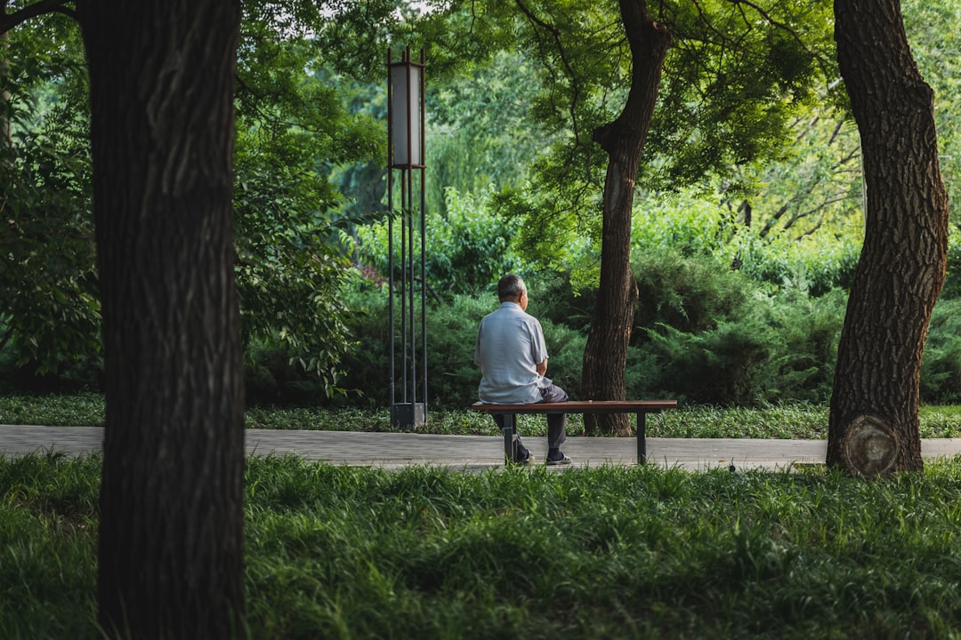 man sitting on bench facing plants and trees