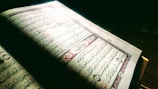 An open book displaying Arabic calligraphy on its pages. The background is dark, and the book appears to be illuminated by a light source coming from the upper left corner. The pages include decorative elements with red and black ink, and there are verses or text blocks within ornate borders.