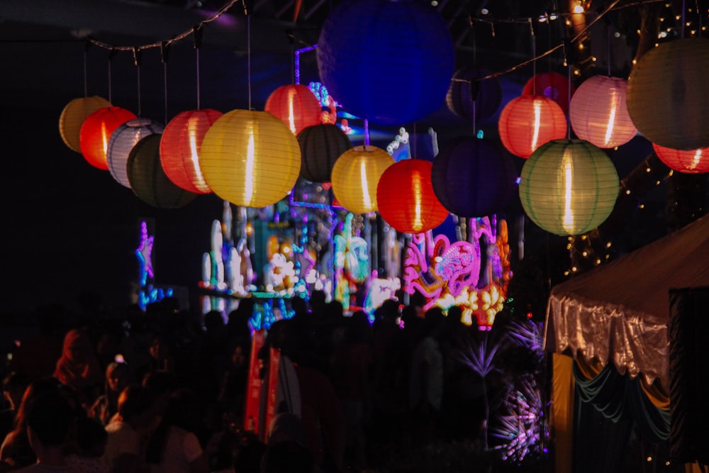 red, blue, and yellow paper lantern lamps