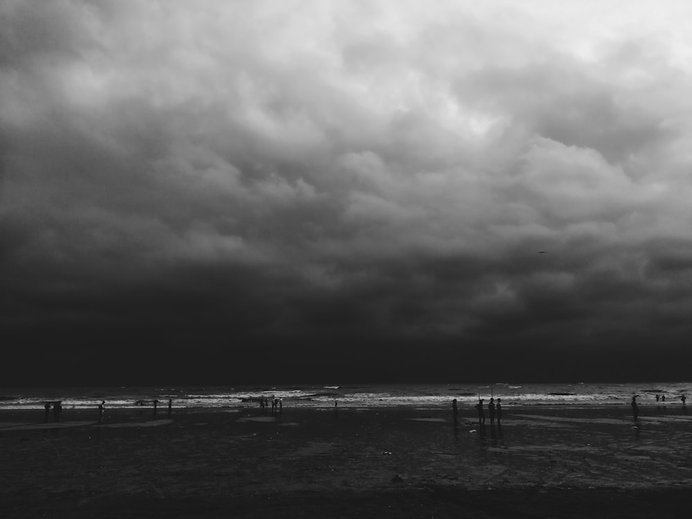 Graustufen-Landschaftsfoto eines Strandes