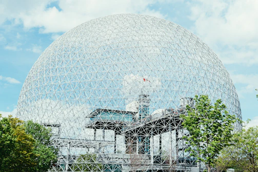 Close-up of Canadian wood frame and Ferrari fabric detailing on a geodesic dome.