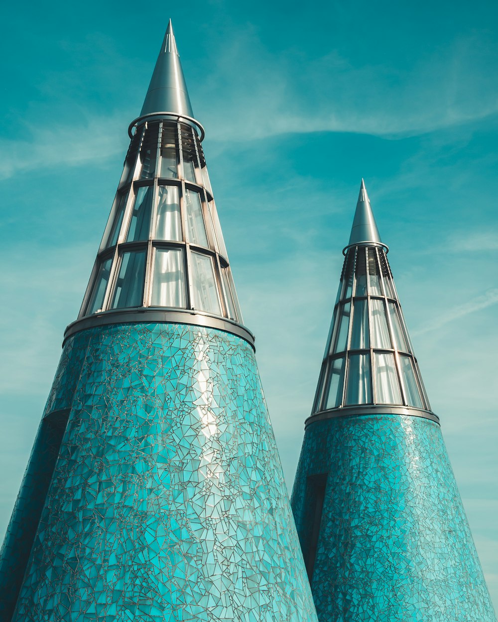 two blue buildings