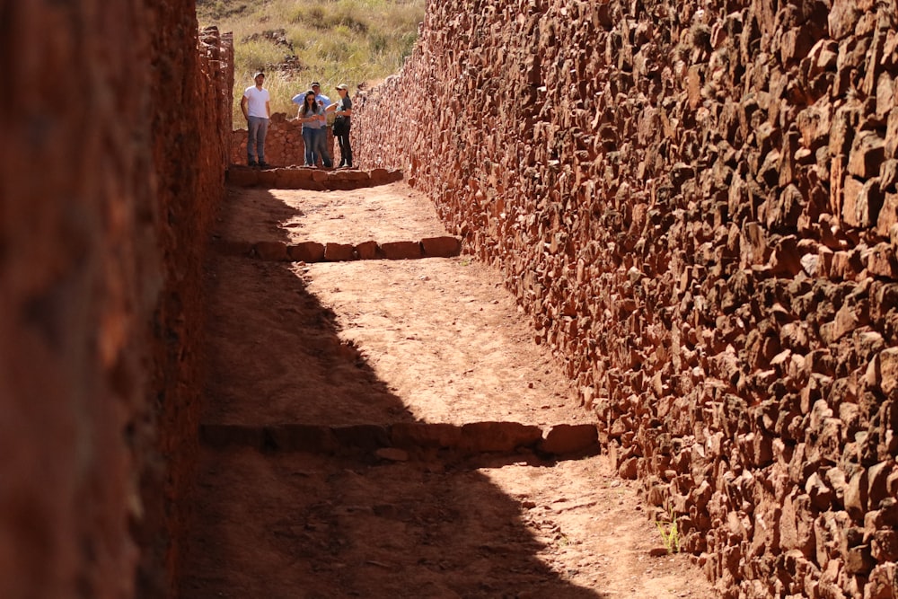 people walking beside brown concrete walls