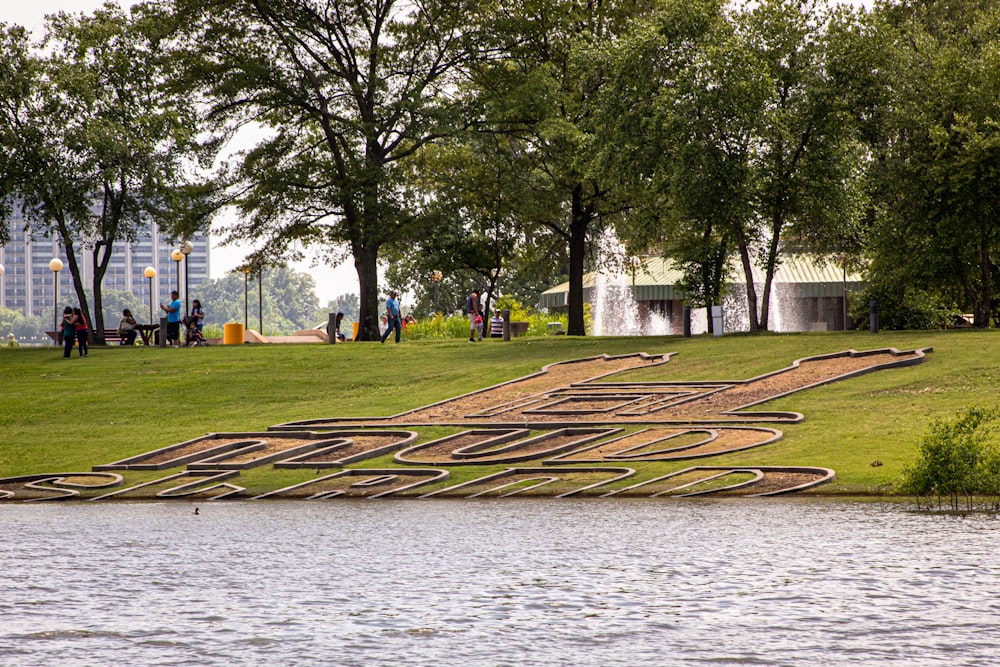 a skateboard park in the middle of a lake