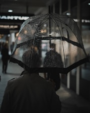 A person walks under a transparent umbrella adorned with rain droplets. The setting is a dimly lit urban area, possibly a shopping street, as blurred lights from signs and store windows illuminate the background.