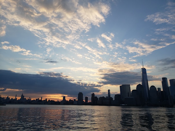 An outdoor shot of a city skyline symbolizing global financial markets at sunset.