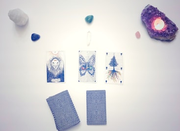 Three tarot cards are arranged in a row on a white surface, depicting a lion, a butterfly, and a tree with roots. Surrounding the cards are several crystals, including an amethyst cluster with a lit candle and various other gemstones.