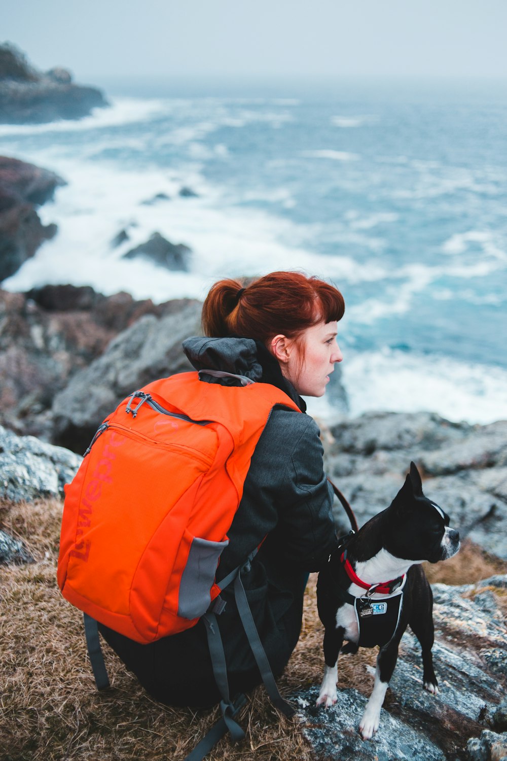 woman sitting on high ground beside dog