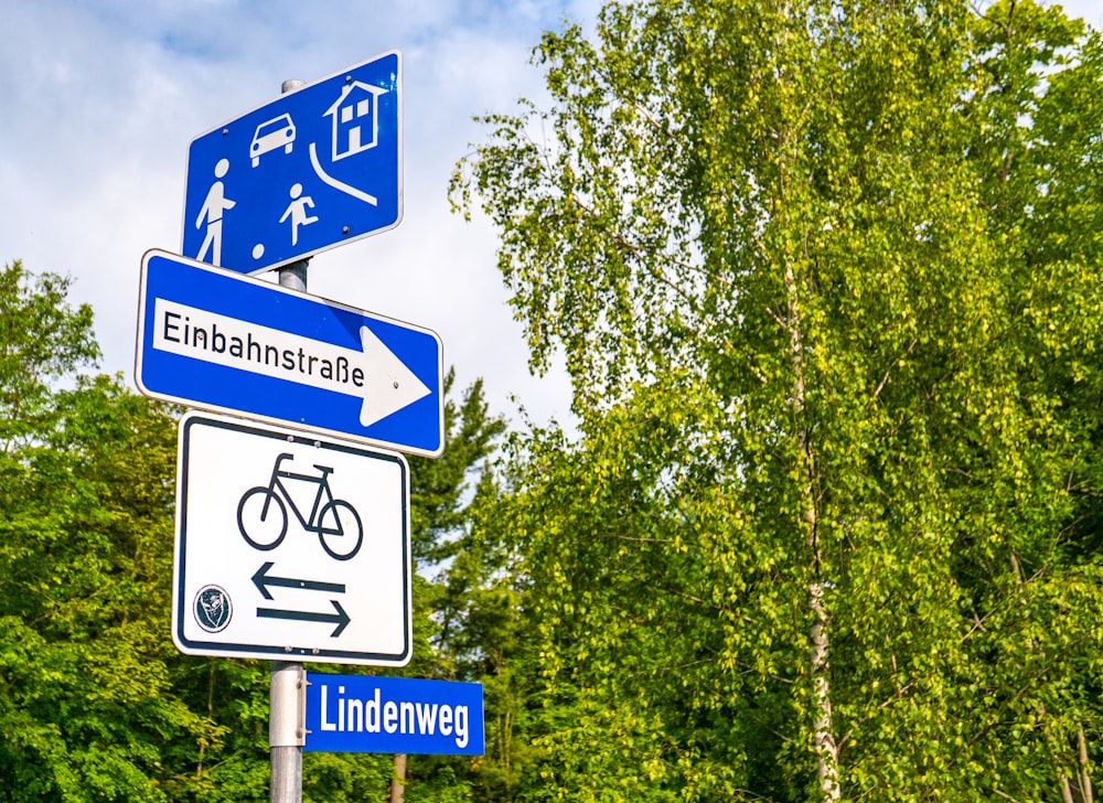 blue and white signage near trees during daytime